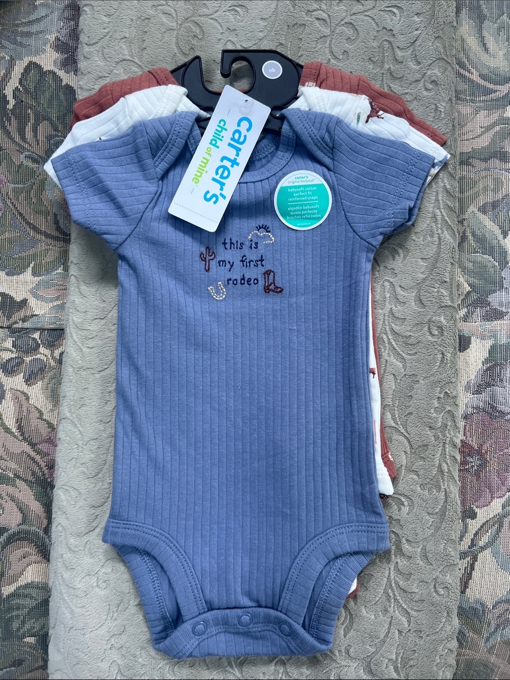 Carter's 3 piece Blue Ribbed 'This Is My First Rodeo' Baby One-Piece, & two more